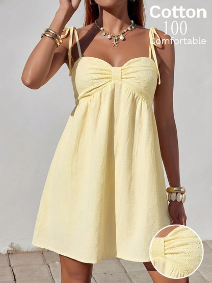 EZwear Women's Pleated Casual Cute Tropical Linen Camisole Dress,Summer Dresses For Women Vacation Picnic Pale Yellow
