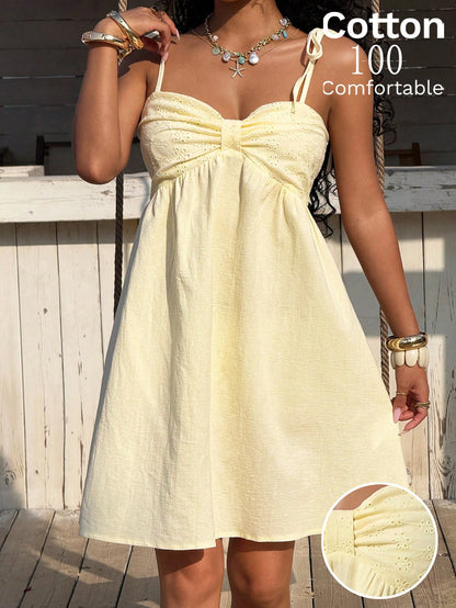 EZwear Women's Pleated Casual Cute Tropical Linen Camisole Dress,Summer Dresses For Women Vacation Picnic Pale Yellow