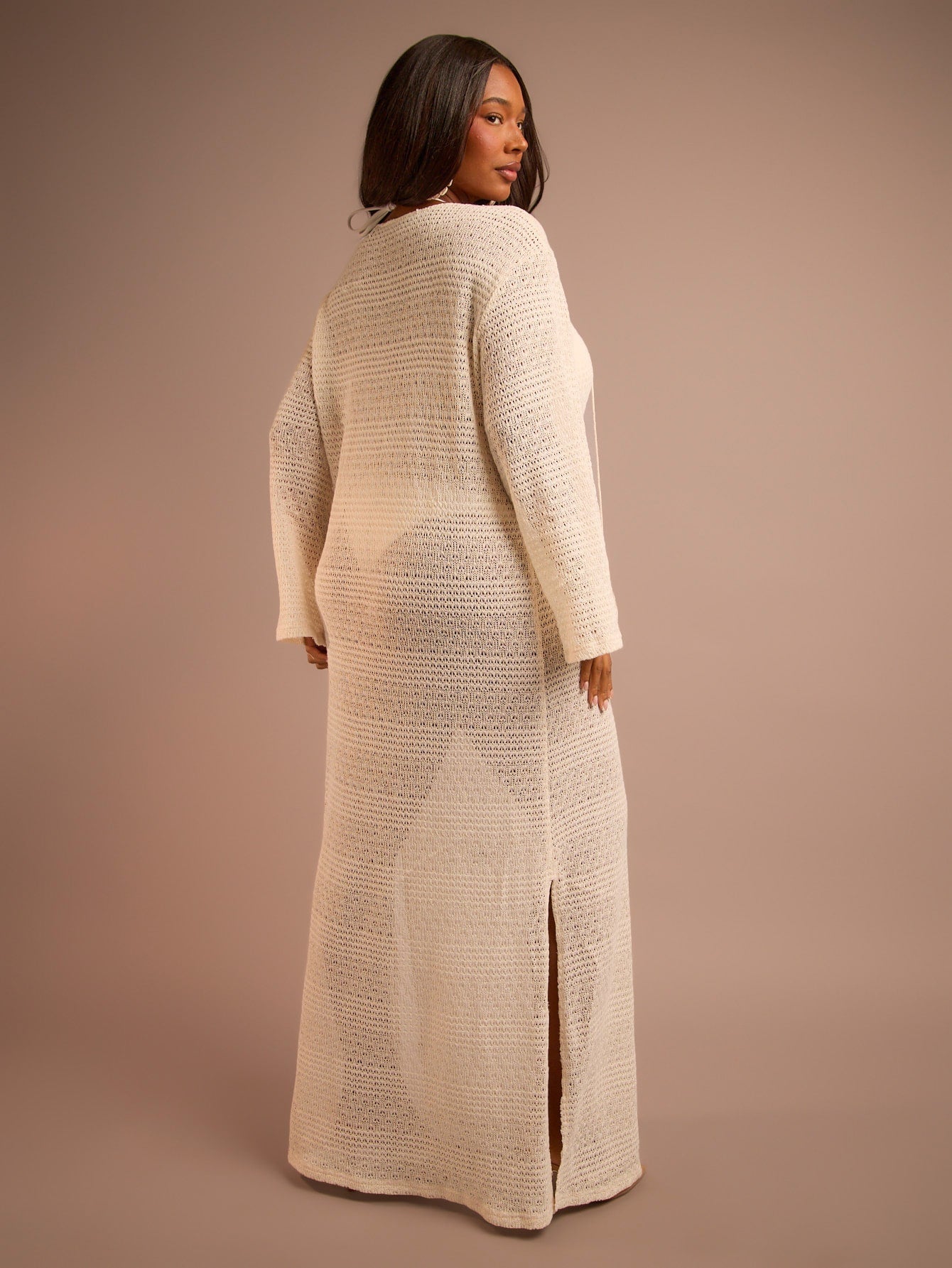 FASHION SZN Plus Size Womens Crochet Beach Cover Up Maxi Kaftan Plus Size Holiday Outfit For Women Beach Wear Lace Up Tie Front Flare Sleeve Sexy Elegant Beach Club Party Occasion Loose Fit Fine Knit