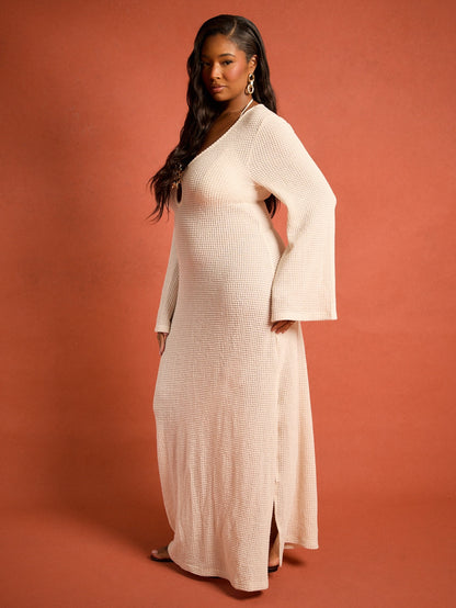 FASHION SZN Plus Size Womens Crochet Beach Cover Up Maxi Kaftan Plus Size Holiday Outfit For Women Beach Wear Lace Up Tie Front Flare Sleeve Sexy Elegant Beach Club Party Occasion Loose Fit Fine Knit