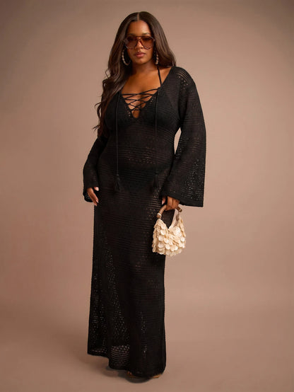 FASHION SZN Plus Size Womens Crochet Beach Cover Up Maxi Kaftan Plus Size Holiday Outfit For Women Beach Wear Lace Up Tie Front Flare Sleeve Sexy Elegant Beach Club Party Occasion Loose Fit Fine Knit