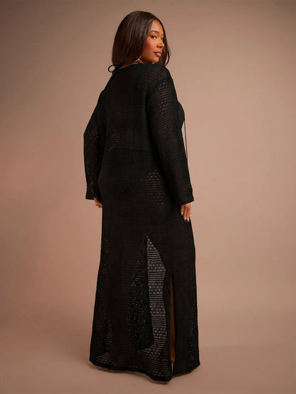 FASHION SZN Plus Size Womens Crochet Beach Cover Up Maxi Kaftan Plus Size Holiday Outfit For Women Beach Wear Lace Up Tie Front Flare Sleeve Sexy Elegant Beach Club Party Occasion Loose Fit Fine Knit