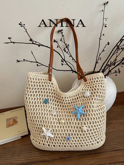 Fashion Woven Starfish Crochet Hollow Out Casual Shoulder Tote Bag, Patchwork Ladies Handbag, Beach Bag (Decorative Color Random)