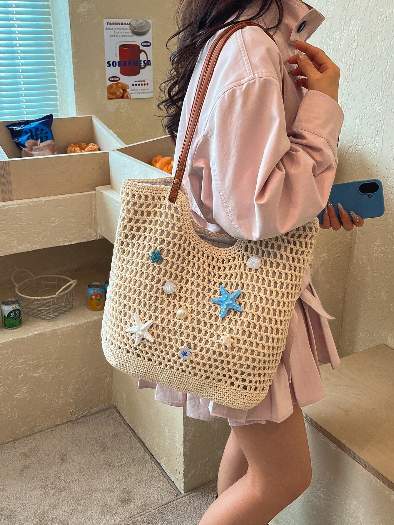 Fashion Woven Starfish Crochet Hollow Out Casual Shoulder Tote Bag, Patchwork Ladies Handbag, Beach Bag (Decorative Color Random)