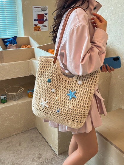 Fashion Woven Starfish Crochet Hollow Out Casual Shoulder Tote Bag, Patchwork Ladies Handbag, Beach Bag (Decorative Color Random)