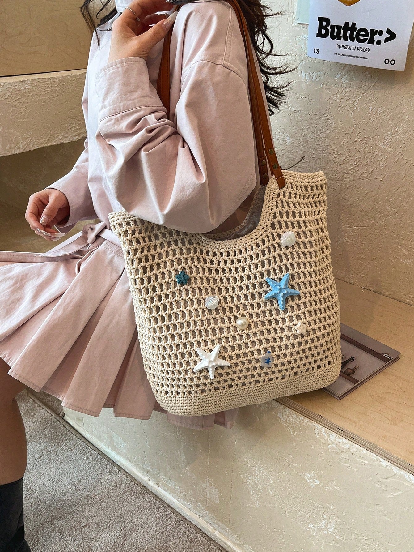 Fashion Woven Starfish Crochet Hollow Out Casual Shoulder Tote Bag, Patchwork Ladies Handbag, Beach Bag (Decorative Color Random)