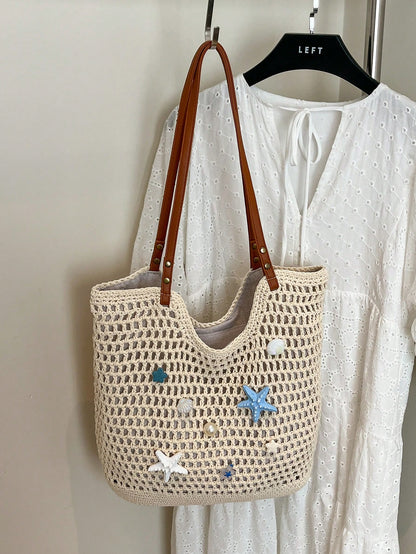 Fashion Woven Starfish Crochet Hollow Out Casual Shoulder Tote Bag, Patchwork Ladies Handbag, Beach Bag (Decorative Color Random)
