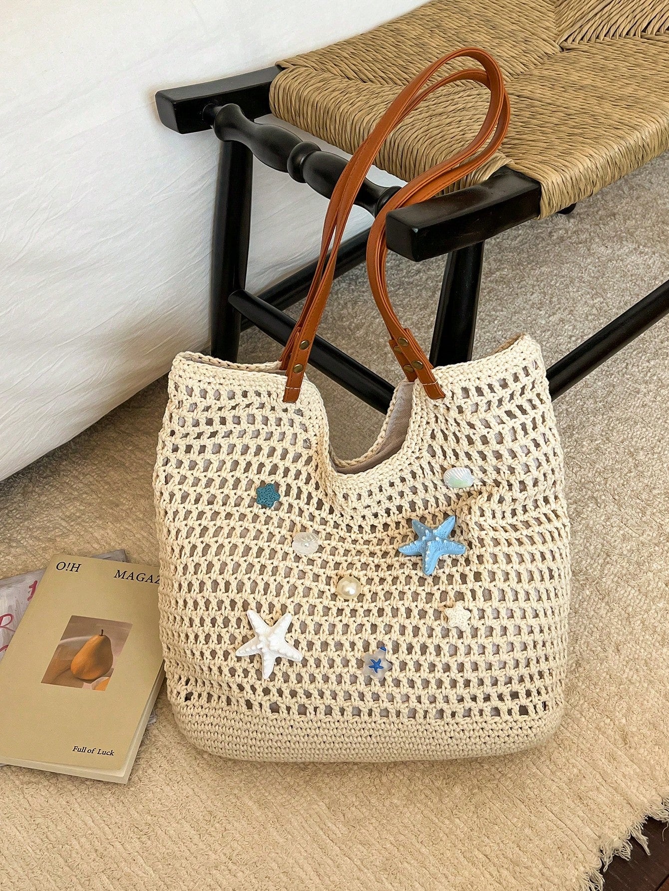 Fashion Woven Starfish Crochet Hollow Out Casual Shoulder Tote Bag, Patchwork Ladies Handbag, Beach Bag (Decorative Color Random)
