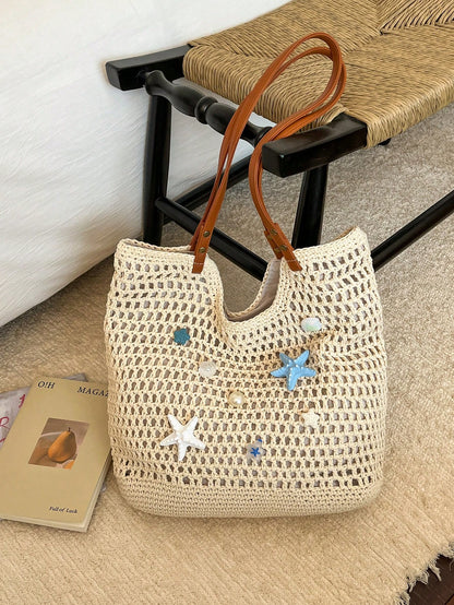 Fashion Woven Starfish Crochet Hollow Out Casual Shoulder Tote Bag, Patchwork Ladies Handbag, Beach Bag (Decorative Color Random)