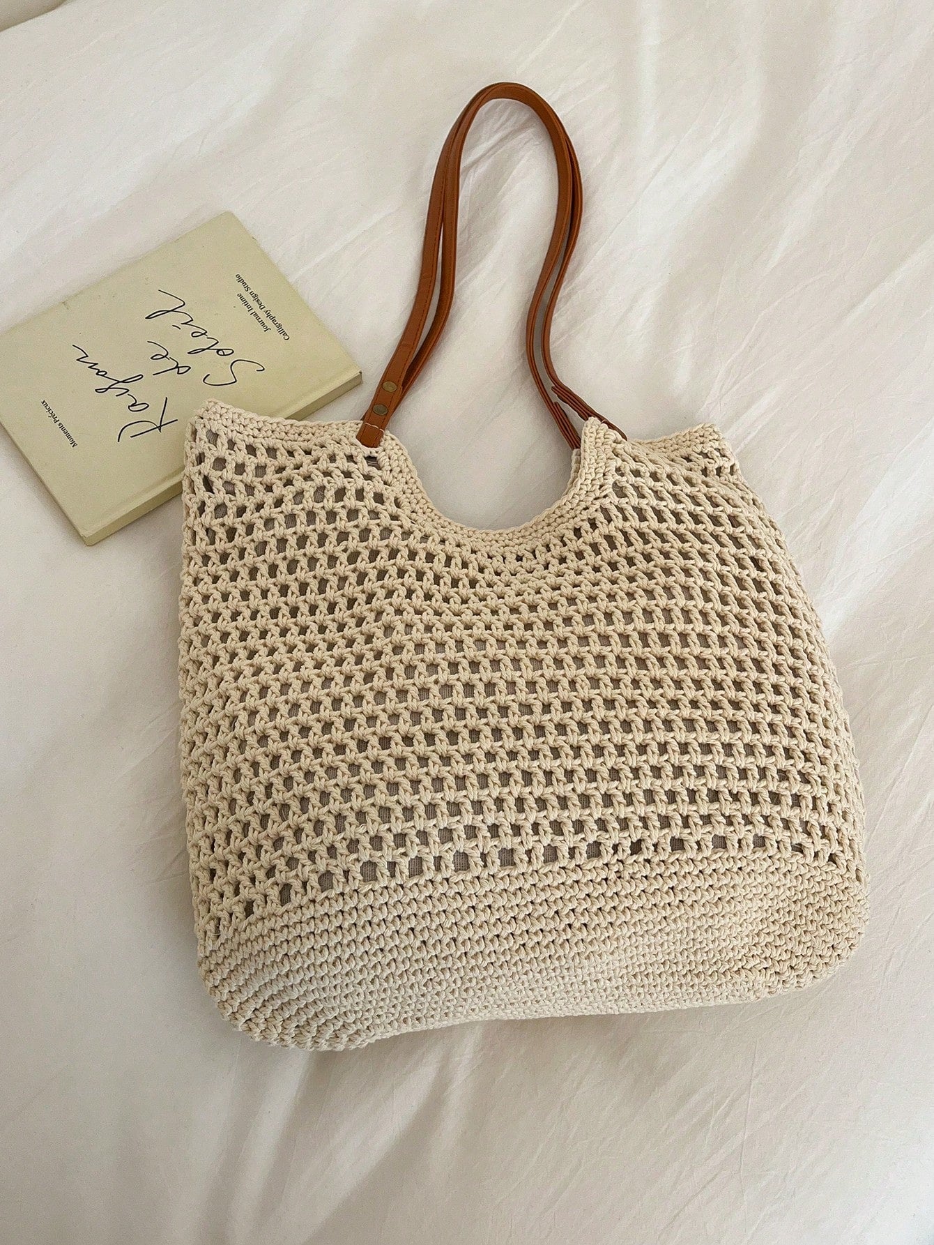 Fashion Woven Starfish Crochet Hollow Out Casual Shoulder Tote Bag, Patchwork Ladies Handbag, Beach Bag (Decorative Color Random)