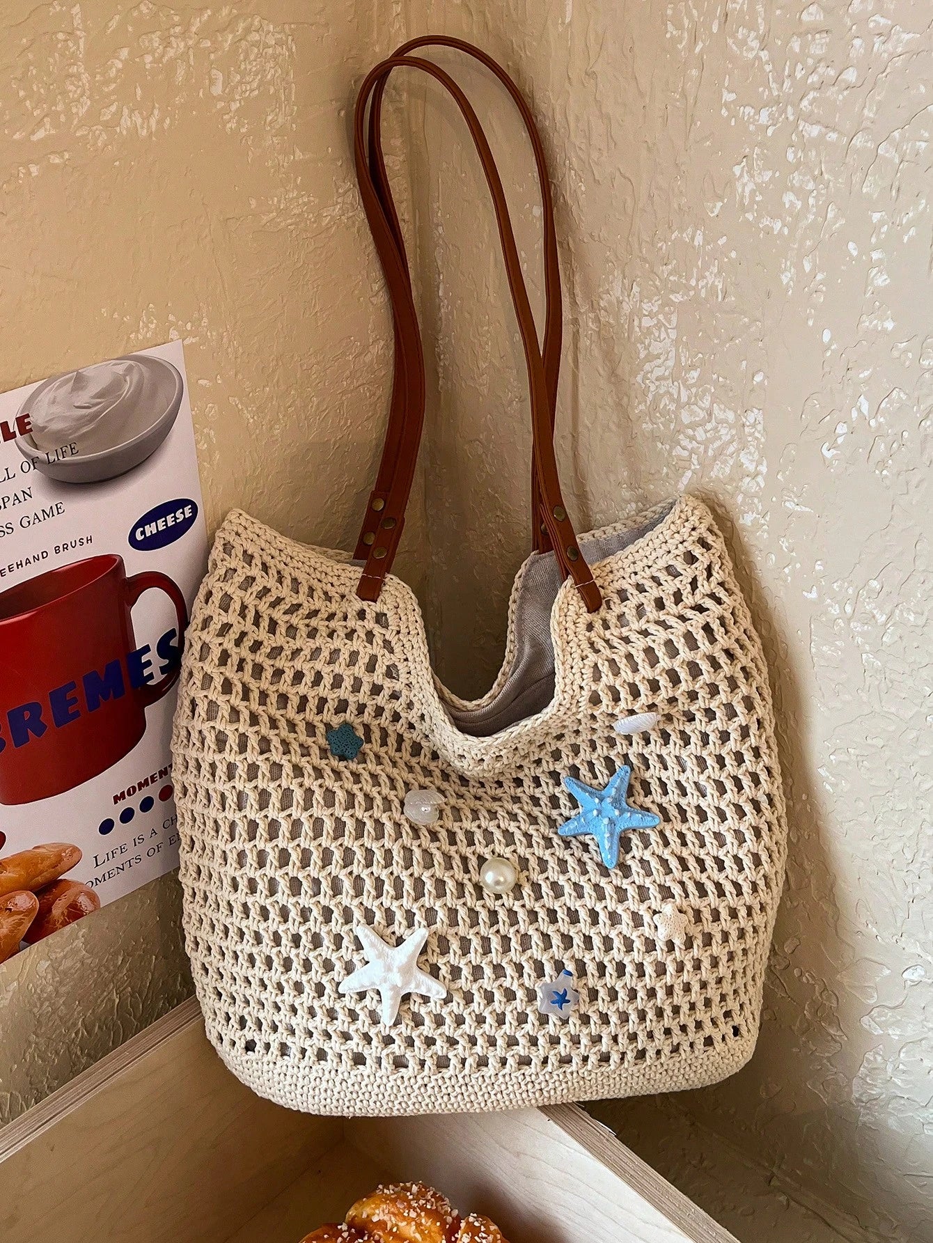 Fashion Woven Starfish Crochet Hollow Out Casual Shoulder Tote Bag, Patchwork Ladies Handbag, Beach Bag (Decorative Color Random)