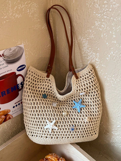 Fashion Woven Starfish Crochet Hollow Out Casual Shoulder Tote Bag, Patchwork Ladies Handbag, Beach Bag (Decorative Color Random)