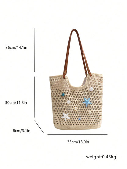 Fashion Woven Starfish Crochet Hollow Out Casual Shoulder Tote Bag, Patchwork Ladies Handbag, Beach Bag (Decorative Color Random)