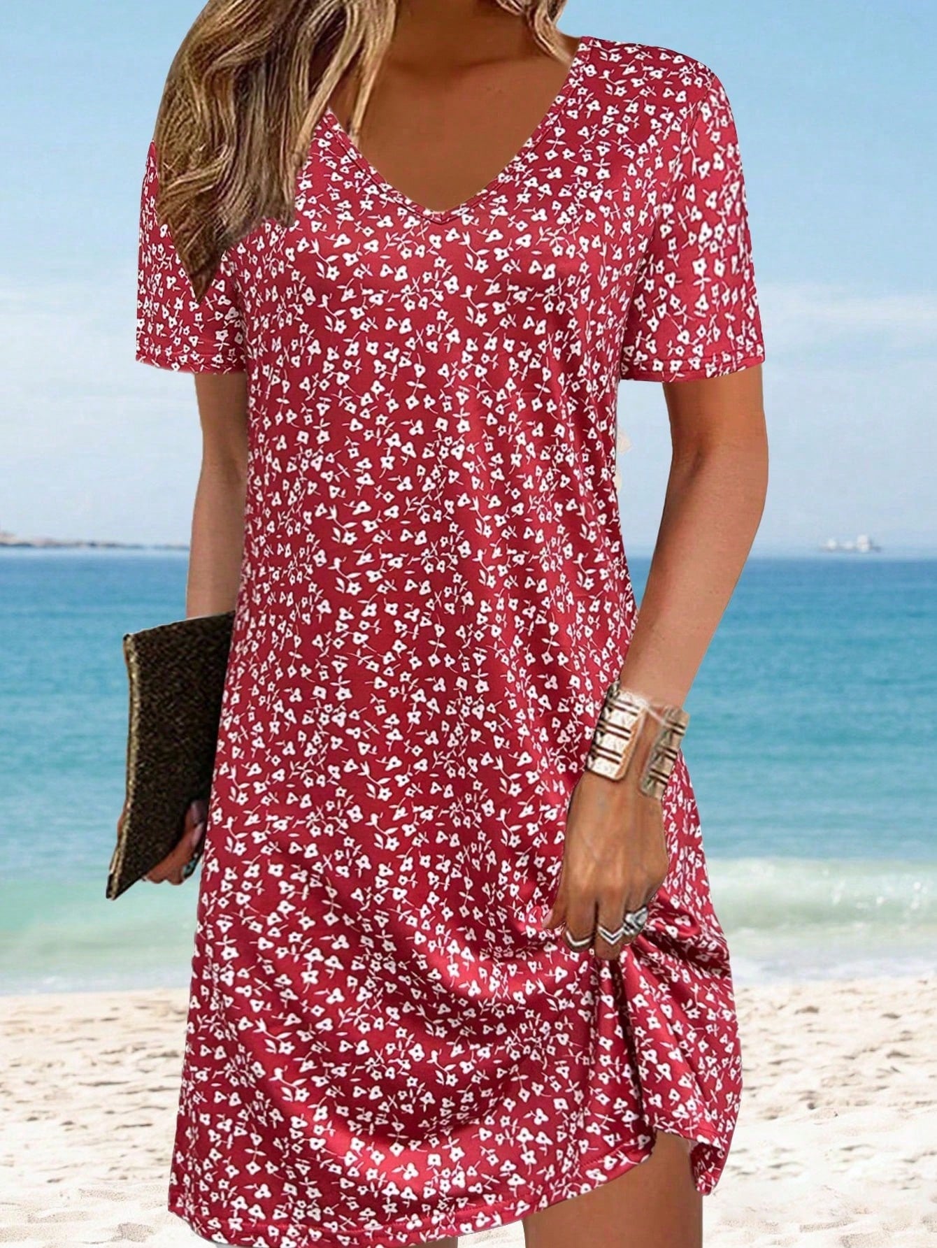 Fashionable Casual Vacation Style Lightweight Elegant Ditsy Floral Short Sleeve Dress, Versatile For Mother's Day, Outdoor, Home, Travel, Office Wear Black Summer