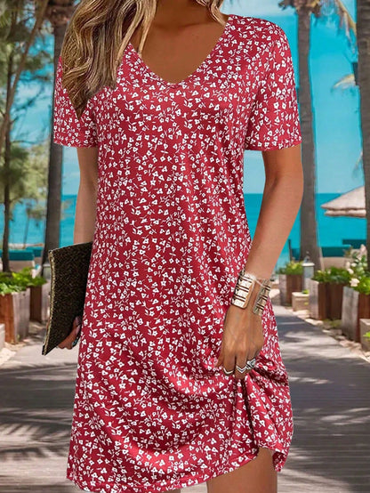 Fashionable Casual Vacation Style Lightweight Elegant Ditsy Floral Short Sleeve Dress, Versatile For Mother's Day, Outdoor, Home, Travel, Office Wear Black Summer