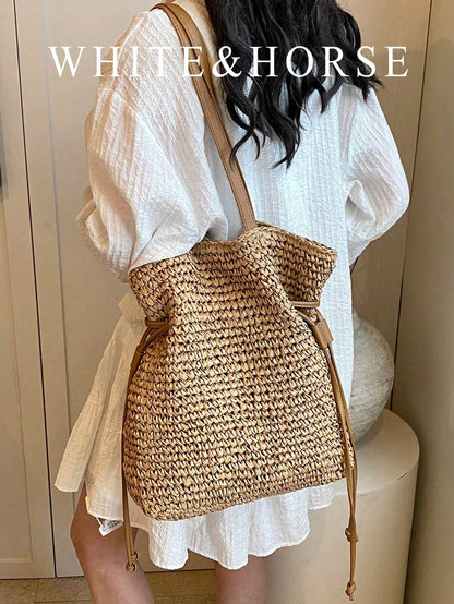 Fashionable Casual Versatile Solid Color Straw Tote Bag, Suitable For Holiday, Travel, Shopping, Large Capacity Beach Shoulder Bag, Eye-Catching Beach Bag Summer, Summer Straw Beach Bag For Women