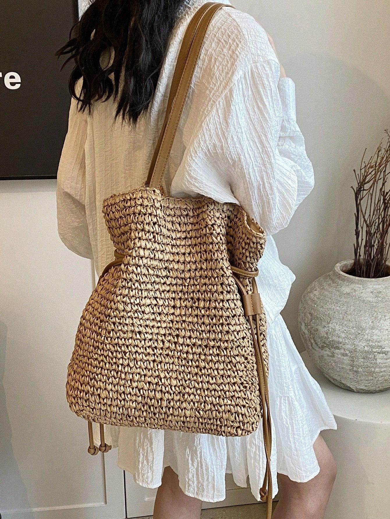 Fashionable Casual Versatile Solid Color Straw Tote Bag, Suitable For Holiday, Travel, Shopping, Large Capacity Beach Shoulder Bag, Eye-Catching Beach Bag Summer, Summer Straw Beach Bag For Women