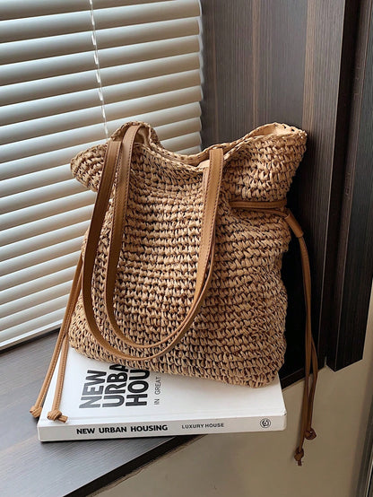 Fashionable Casual Versatile Solid Color Straw Tote Bag, Suitable For Holiday, Travel, Shopping, Large Capacity Beach Shoulder Bag, Eye-Catching Beach Bag Summer, Summer Straw Beach Bag For Women