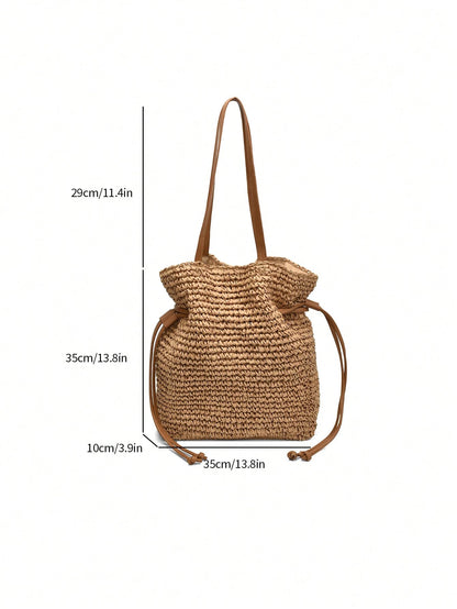 Fashionable Casual Versatile Solid Color Straw Tote Bag, Suitable For Holiday, Travel, Shopping, Large Capacity Beach Shoulder Bag, Eye-Catching Beach Bag Summer, Summer Straw Beach Bag For Women
