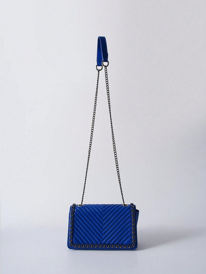 Fashionable Chain Decorated V-Shaped Embroidery Thread Shoulder Bag Crossbody Bag For Women, Small Square Bag Winter Gifts