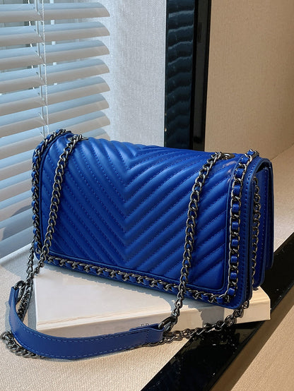Fashionable Chain Decorated V-Shaped Embroidery Thread Shoulder Bag Crossbody Bag For Women, Small Square Bag Winter Gifts