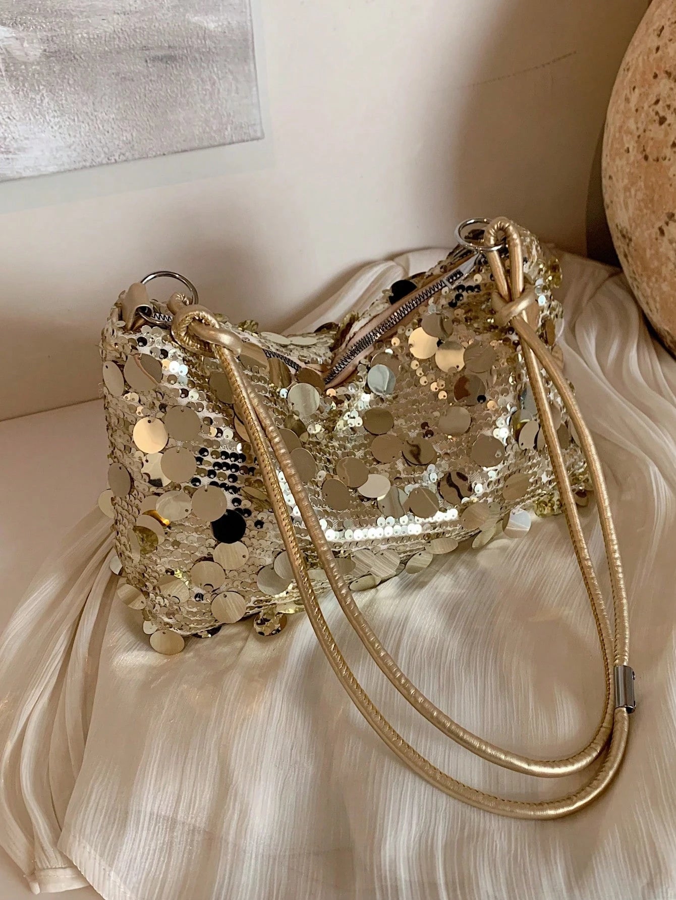 Fashionable Sequined Crossbody Bag With Rope Strap, Crescent Moon Design, Casual Shoulder Bag For Women