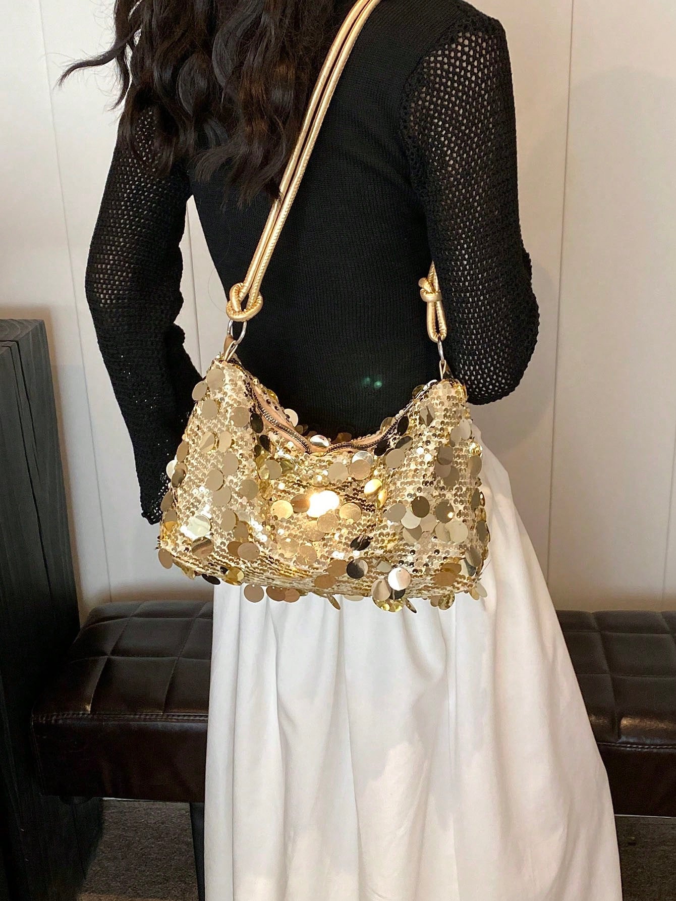 Fashionable Sequined Crossbody Bag With Rope Strap, Crescent Moon Design, Casual Shoulder Bag For Women