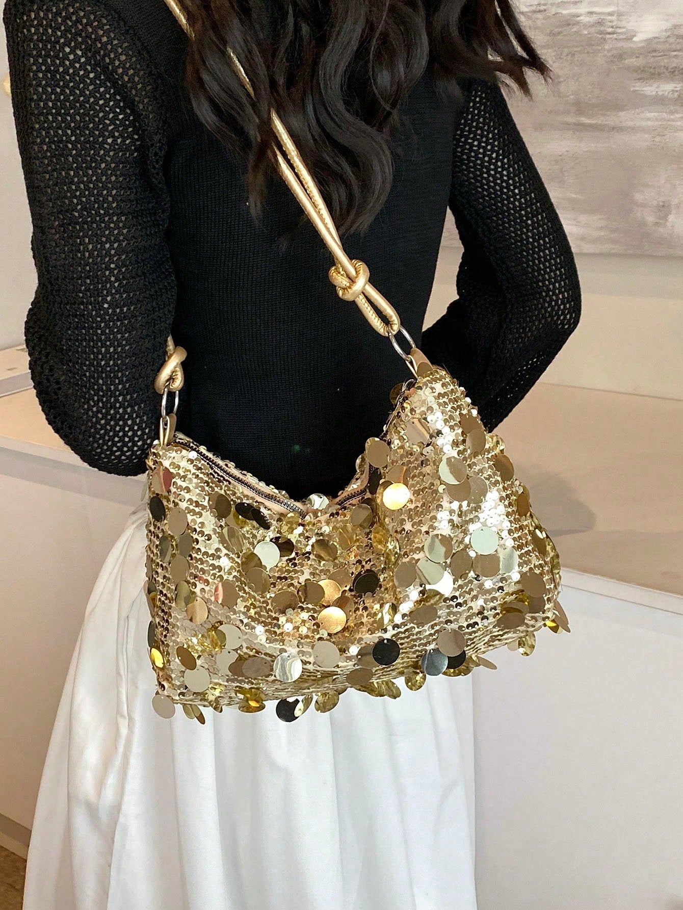 Fashionable Sequined Crossbody Bag With Rope Strap, Crescent Moon Design, Casual Shoulder Bag For Women