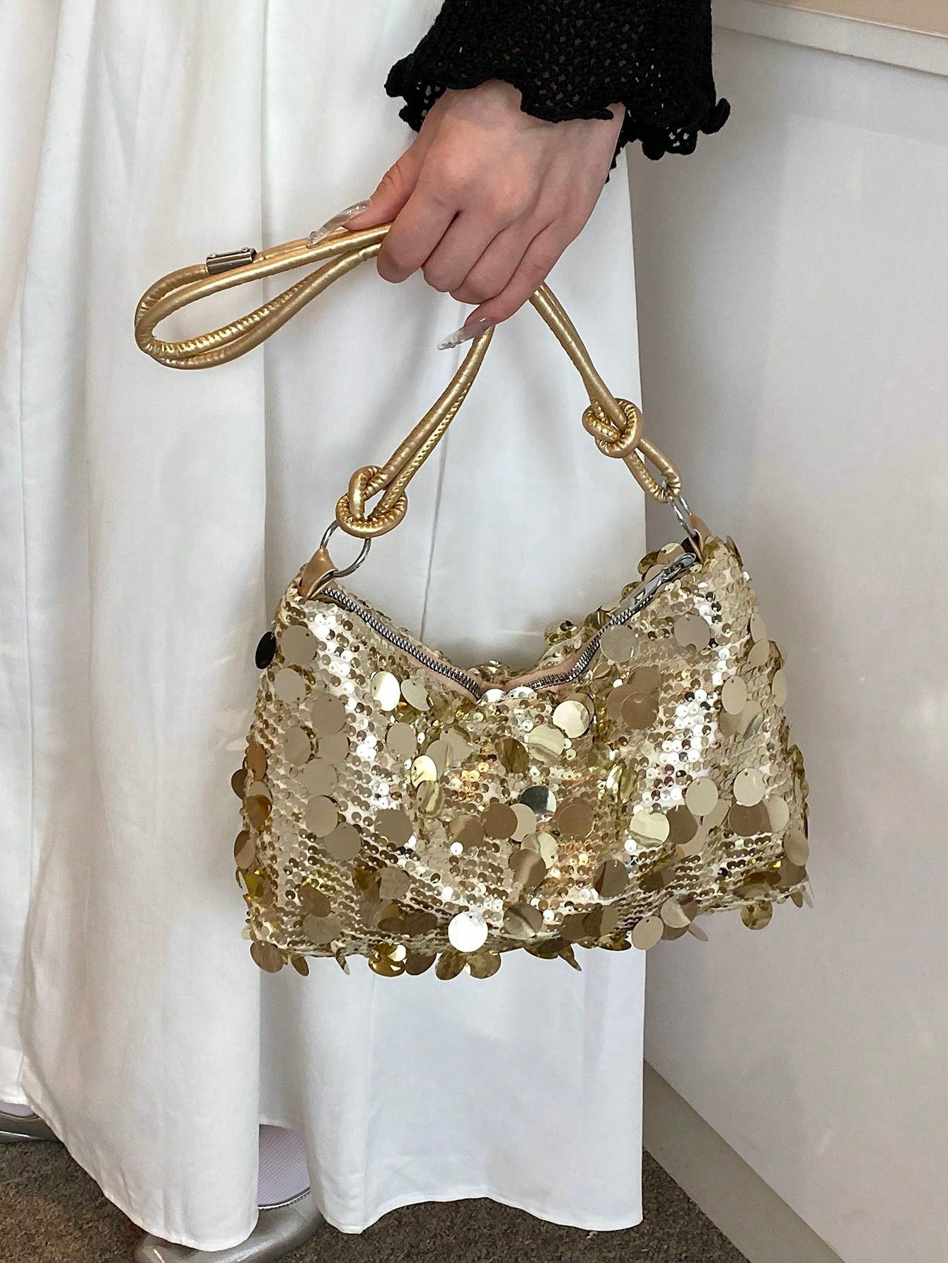 Fashionable Sequined Crossbody Bag With Rope Strap, Crescent Moon Design, Casual Shoulder Bag For Women