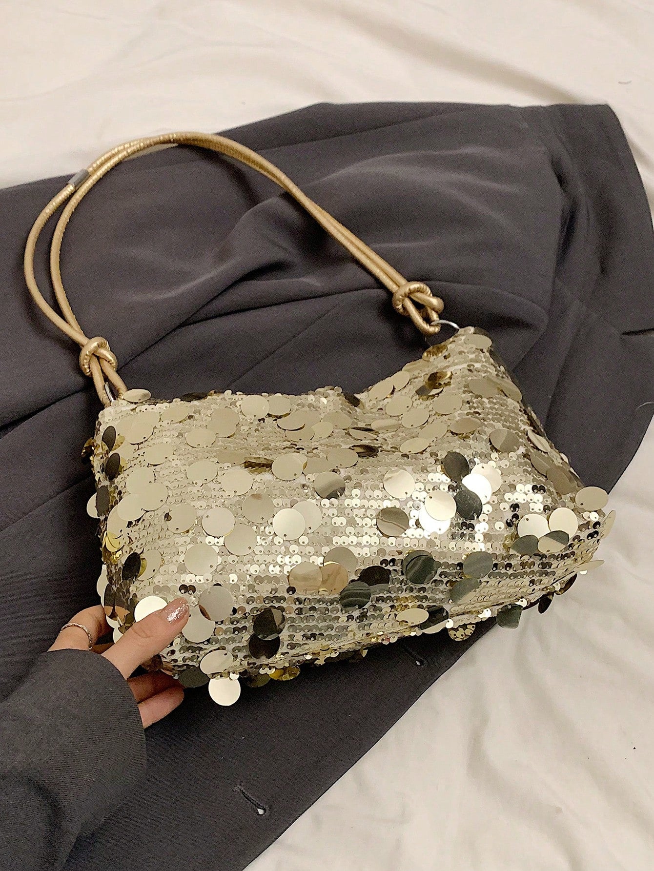 Fashionable Sequined Crossbody Bag With Rope Strap, Crescent Moon Design, Casual Shoulder Bag For Women