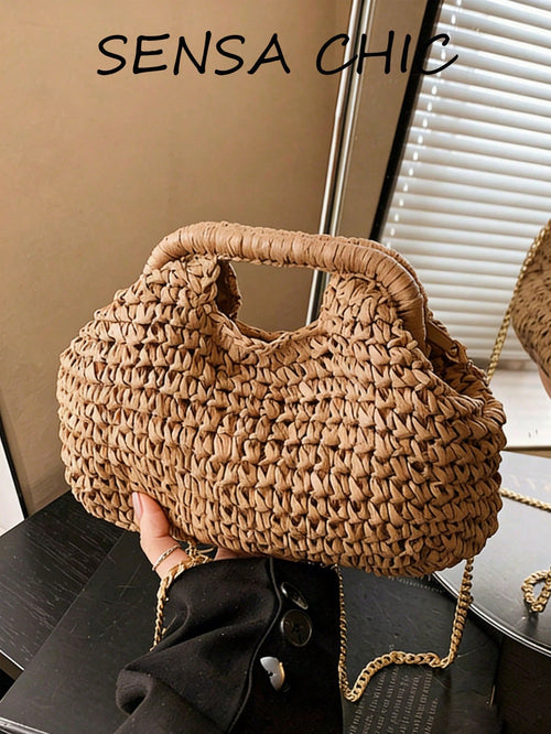 Fashionable Woven Straw Handbag, Elegant For Vacation And Travel, Stylish Top Handle Tote Bag, Khaki Color, Lightweight Zipper Pocket, Straw Bag