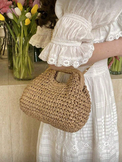 Fashionable Woven Straw Handbag, Elegant For Vacation And Travel, Stylish Top Handle Tote Bag, Khaki Color, Lightweight Zipper Pocket, Straw Bag