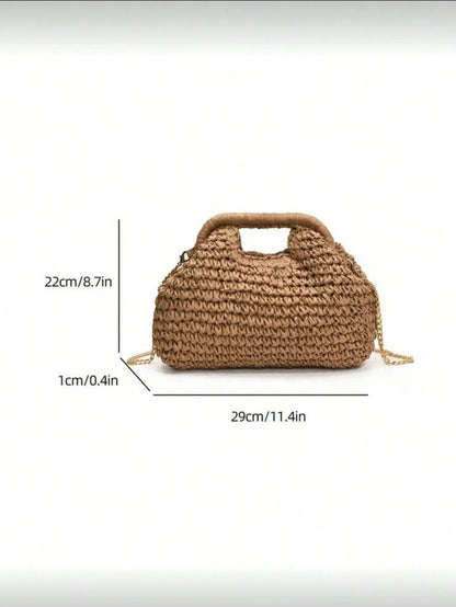 Fashionable Woven Straw Handbag, Elegant For Vacation And Travel, Stylish Top Handle Tote Bag, Khaki Color, Lightweight Zipper Pocket, Straw Bag