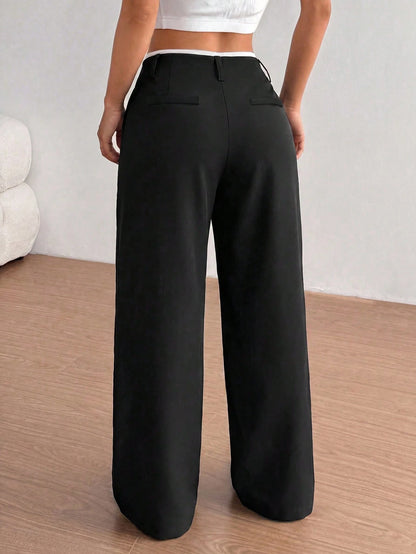 FavEase Women's Summer High-End Side Pocket Splicing Slim Straight Black Pants, Suitable For Daily, School, Office And Business Occasions