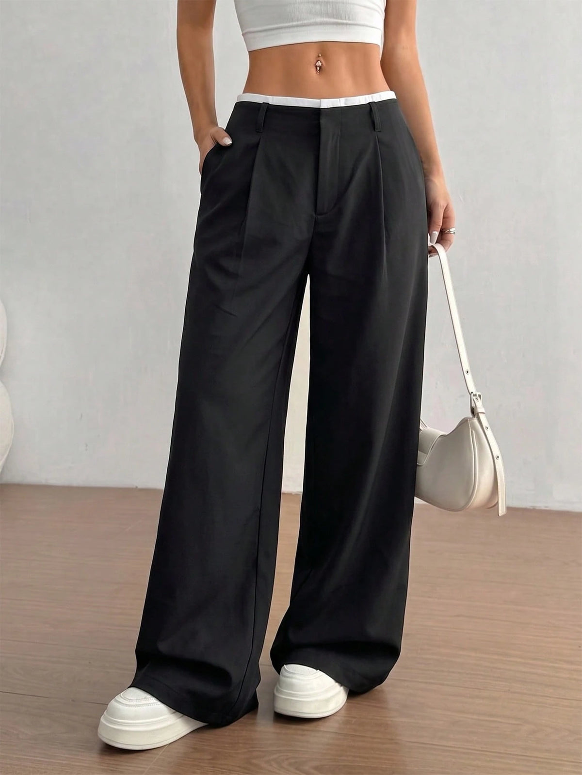 FavEase Women's Summer High-End Side Pocket Splicing Slim Straight Black Pants, Suitable For Daily, School, Office And Business Occasions
