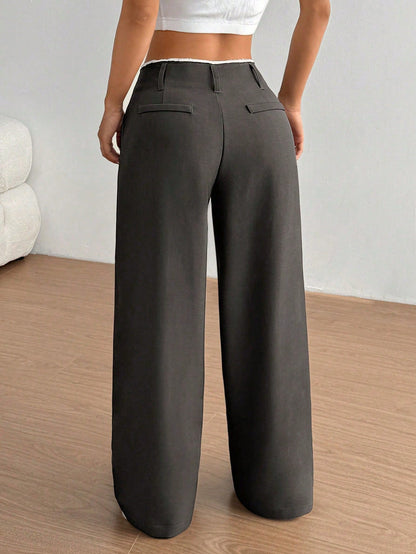 FavEase Women's Summer High-End Side Pocket Splicing Slim Straight Black Pants, Suitable For Daily, School, Office And Business Occasions