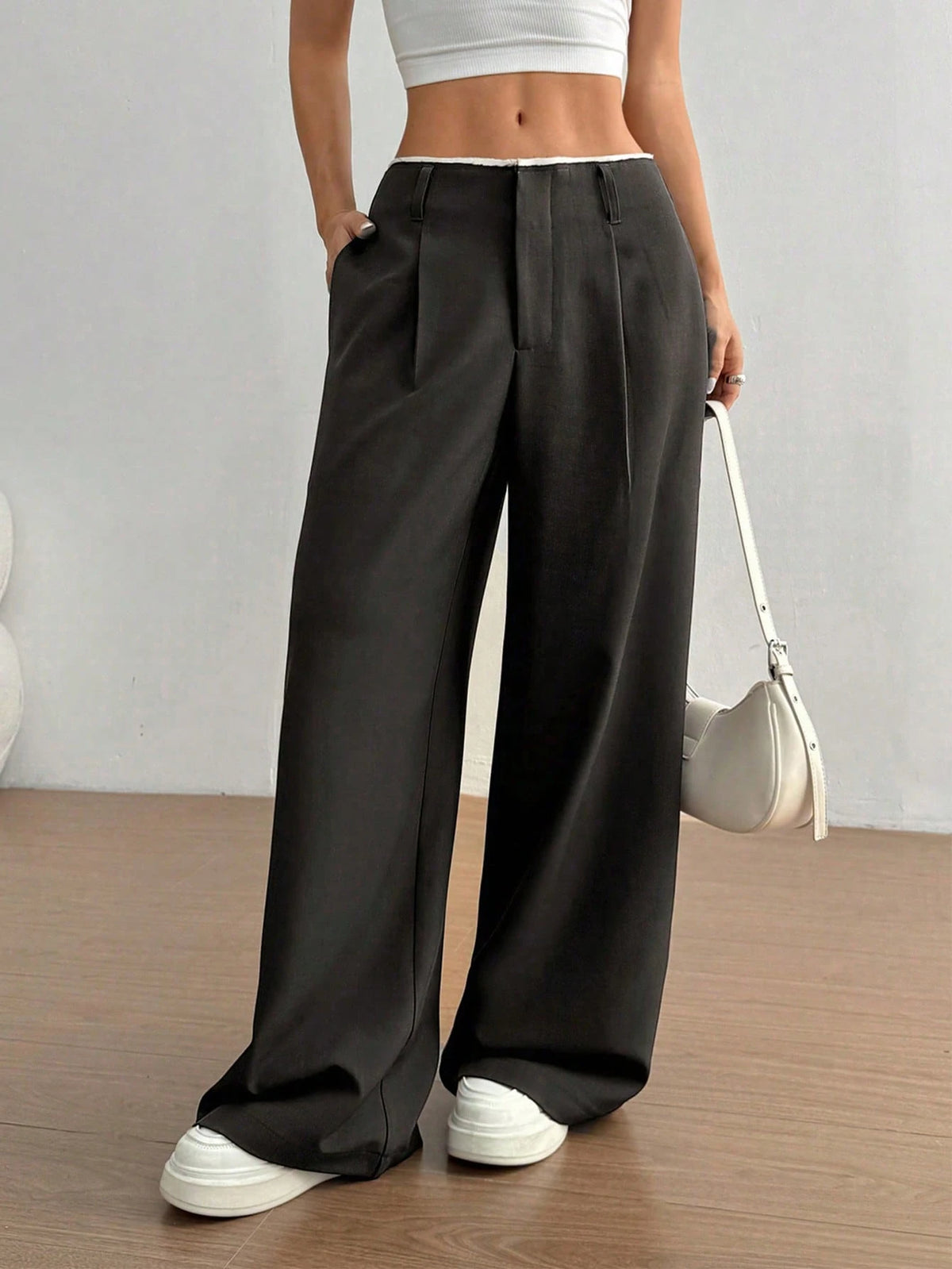 FavEase Women's Summer High-End Side Pocket Splicing Slim Straight Black Pants, Suitable For Daily, School, Office And Business Occasions