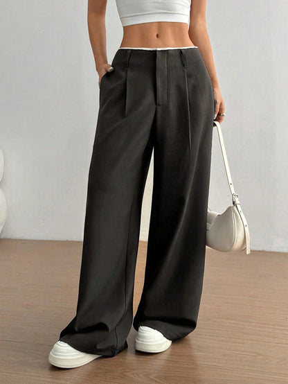 FavEase Women's Summer High-End Side Pocket Splicing Slim Straight Black Pants, Suitable For Daily, School, Office And Business Occasions