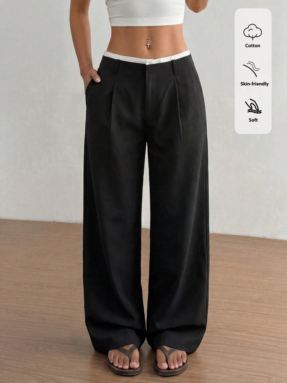 FavEase Women's Summer High-End Side Pocket Splicing Slim Straight Black Pants, Suitable For Daily, School, Office And Business Occasions