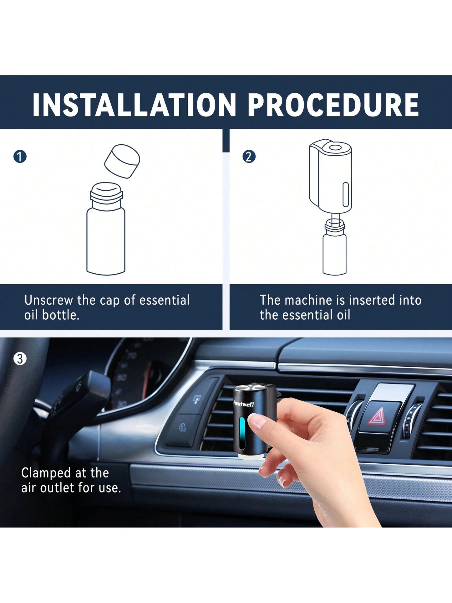 Featwell Smart Car Air Fresheners- 3*10ML Natural French Perfume Lasts 45 Days, Portable Waterless Car Diffuser Air Freshener Car Aromatherapy Diffuser, Adjust Concentration Scent