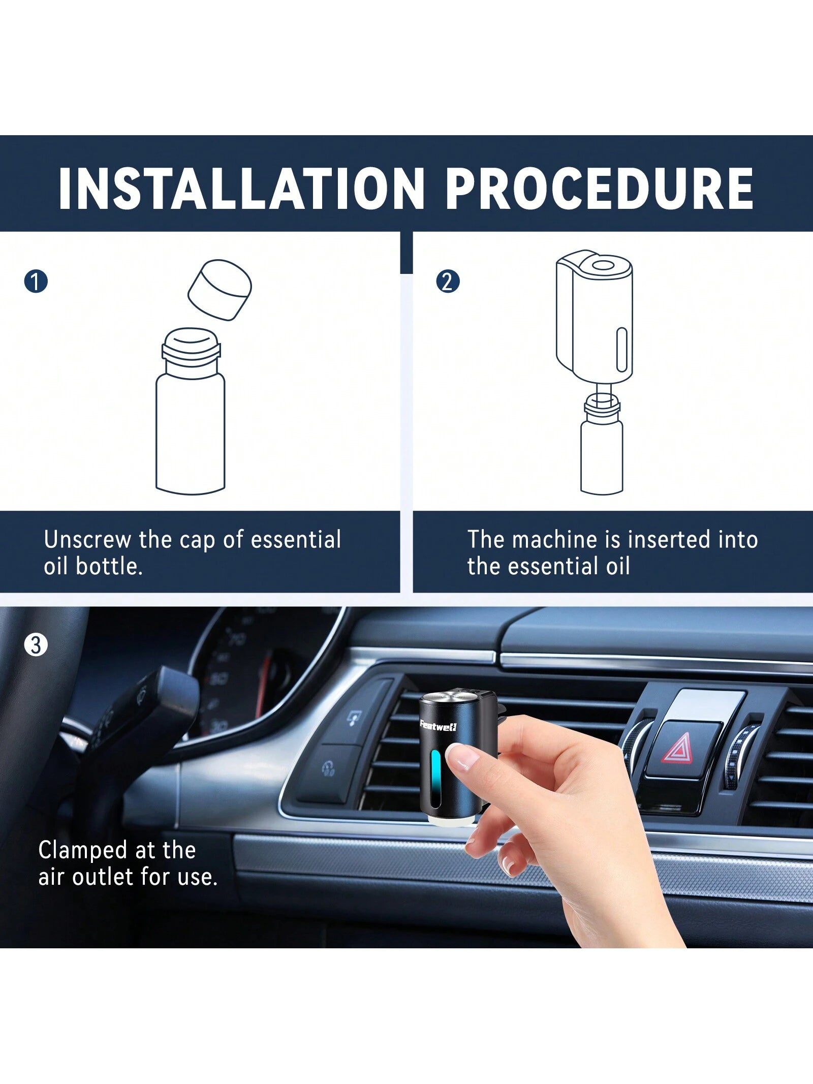 Featwell Smart Car Air Fresheners- 3*10ML Natural French Perfume Lasts 45 Days, Portable Waterless Car Diffuser Air Freshener Car Aromatherapy Diffuser, Adjust Concentration Scent