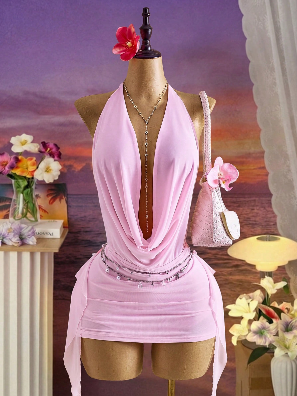 Femesol New Spring/Summer Women's Fashion Sexy Halter Tie Mini Dress- Plunging Neckline Design- Open Back Tie- Ruffle Hem- Resort- Beach- Pink Dress