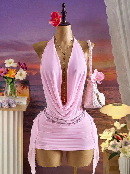 Femesol New Spring/Summer Women's Fashion Sexy Halter Tie Mini Dress- Plunging Neckline Design- Open Back Tie- Ruffle Hem- Resort- Beach- Pink Dress