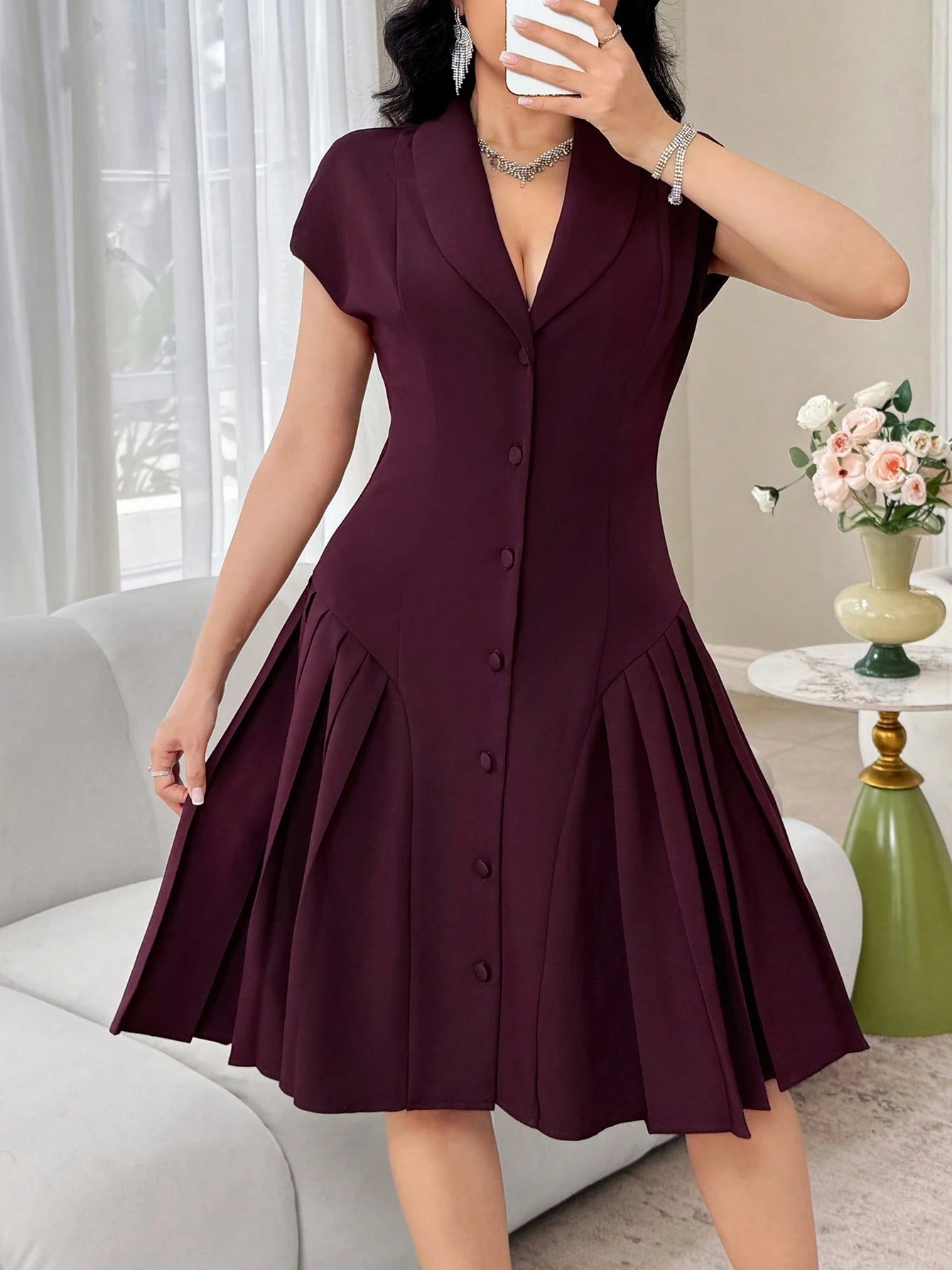 Feyla New Arrival Elegant Collared Waist Ruched Design Slimming Party Dress
