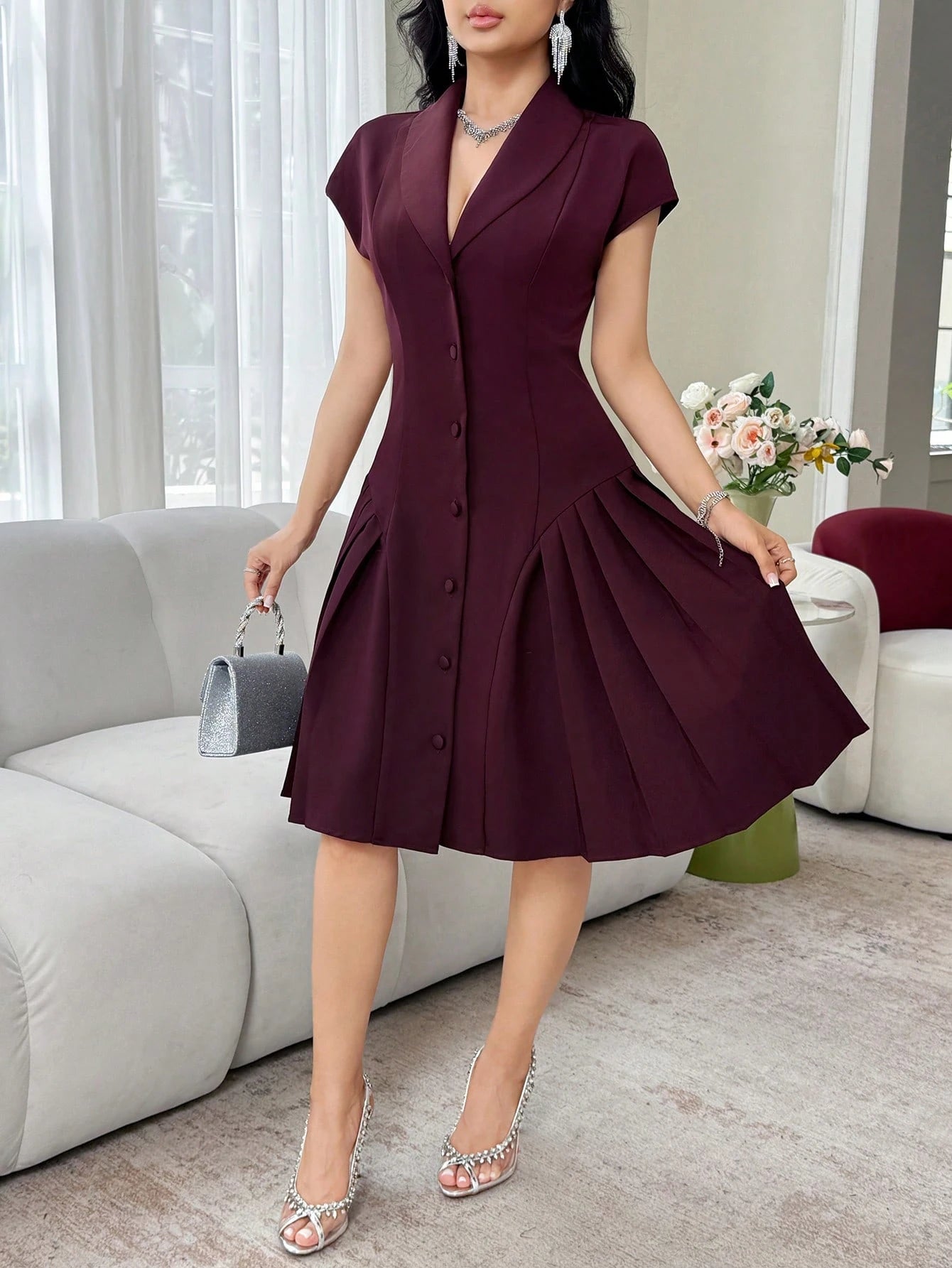 Feyla New Arrival Elegant Collared Waist Ruched Design Slimming Party Dress