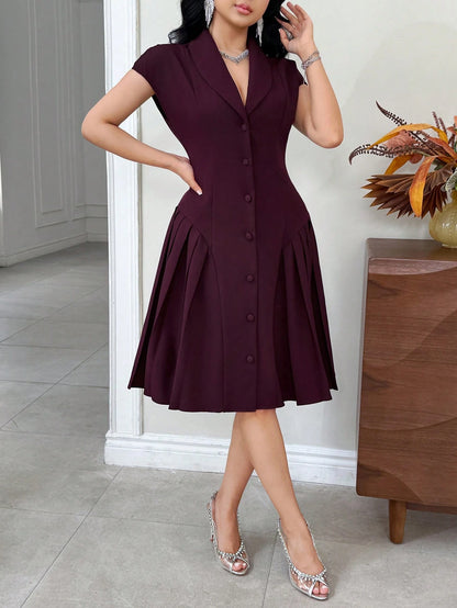 Feyla New Arrival Elegant Collared Waist Ruched Design Slimming Party Dress