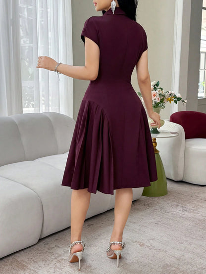 Feyla New Arrival Elegant Collared Waist Ruched Design Slimming Party Dress