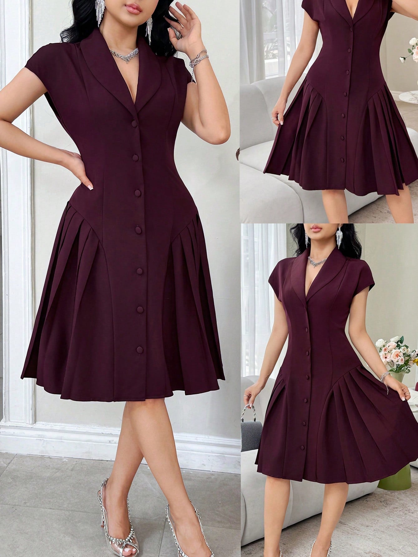 Feyla New Arrival Elegant Collared Waist Ruched Design Slimming Party Dress