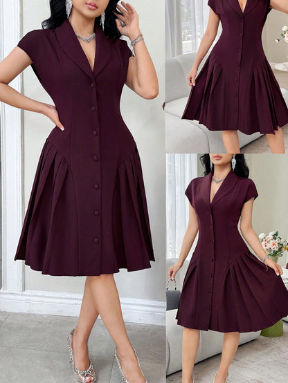 Feyla New Arrival Elegant Collared Waist Ruched Design Slimming Party Dress