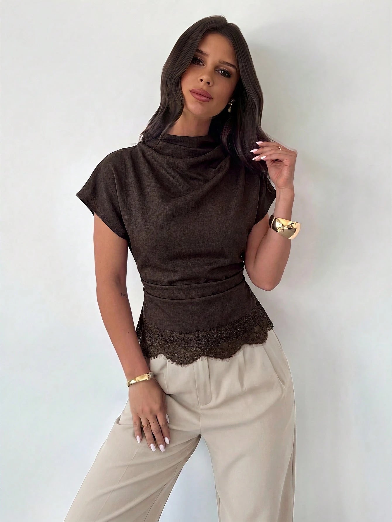 Firerie Crinkle Collar Asymmetrical Sleeve Side Ruched Cinched Waist Commuter Office Brown Bamboo Linen Fabric Women Shirt, Summer Teachers' Day Elegant